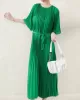 Loose Pleated With Waistband Solid Color Round-Neck Maxi Dresses