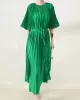 Loose Pleated With Waistband Solid Color Round-Neck Maxi Dresses