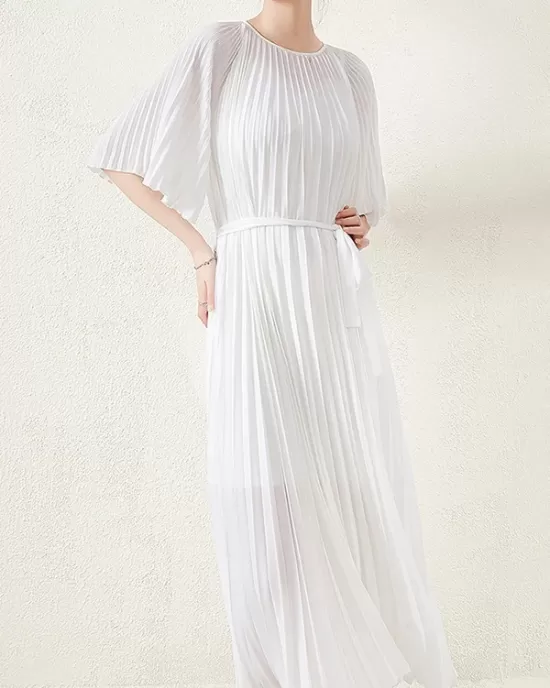 Loose Pleated With Waistband Solid Color Round-Neck Maxi Dresses