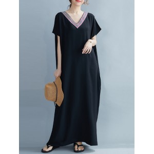 Casual Artistic Retro Striped V-Neck Short Sleeves Maxi Dress