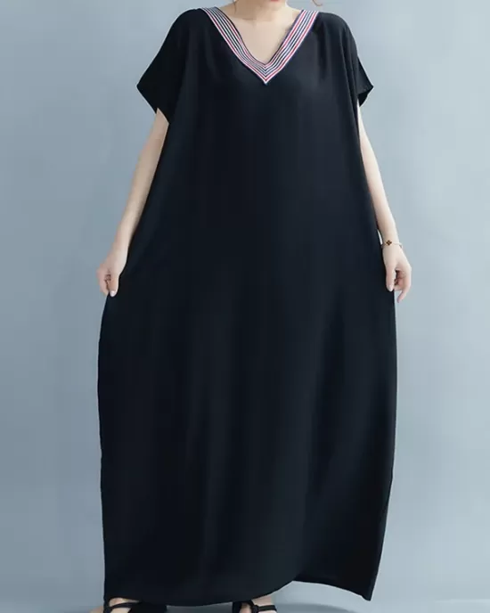 Casual Artistic Retro Striped V-Neck Short Sleeves Maxi Dress