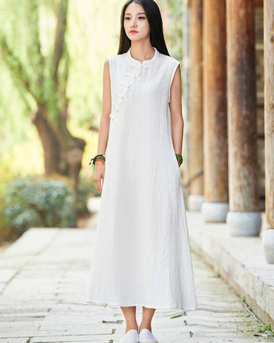 White Ramie Cotton Sleeveless Linen Dress