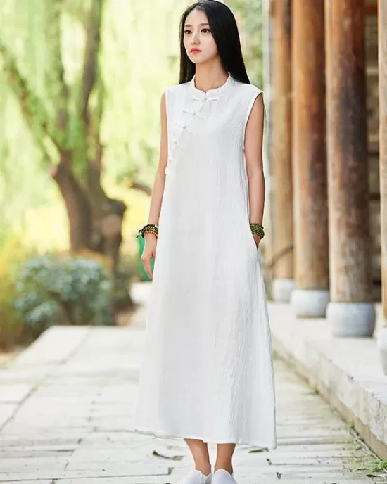 White Ramie Cotton Sleeveless Linen Dress