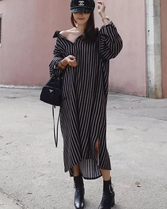 Loose Striped Lapel Split-joint Blouse Dress