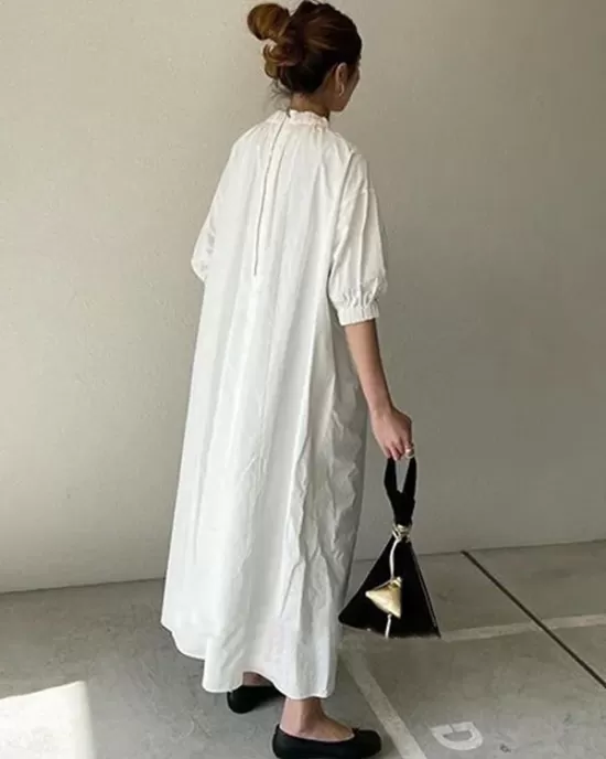 Simple Solid Color Stand Collar Loose Half Sleeve Shirt Dress