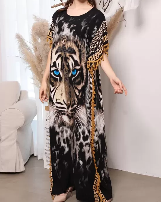 Batwing Sleeves Loose Muslim Tasseled Tiger Printed Maxi Dresses