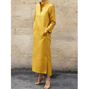 Long Sleeves Loose Solid Color Split-Side Stand Collar Midi Dresses