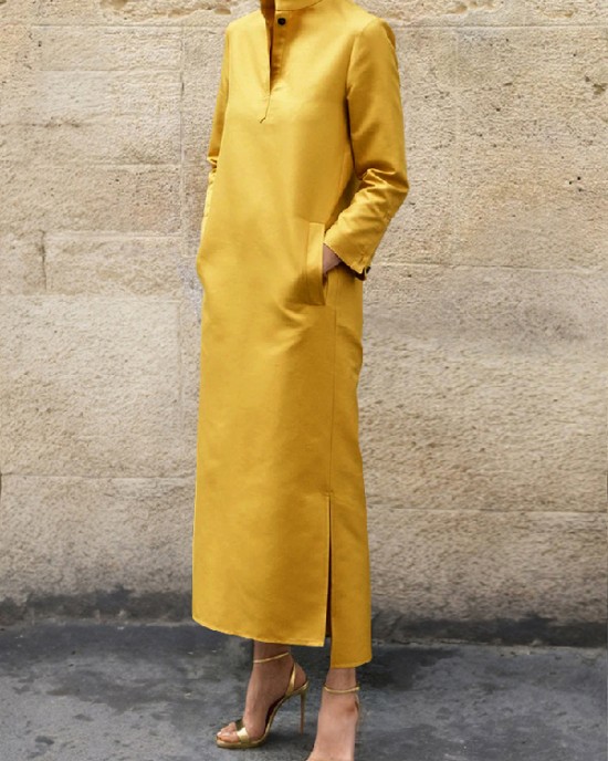 Long Sleeves Loose Solid Color Split-Side Stand Collar Midi Dresses