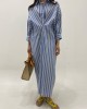 Buttoned Contrast Color Pockets Striped Long Sleeves Loose Lapel Shirt Dress Midi Dresses