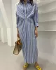 Buttoned Contrast Color Pockets Striped Long Sleeves Loose Lapel Shirt Dress Midi Dresses