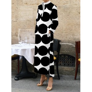 Long Sleeves Loose Polka-Dot Split-Side Stand Collar Midi Dresses