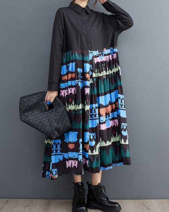 Buttoned Pleated Printed Split-Joint A-Line Long Sleeves Lapel Midi Dresses