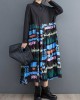 Buttoned Pleated Printed Split-Joint A-Line Long Sleeves Lapel Midi Dresses