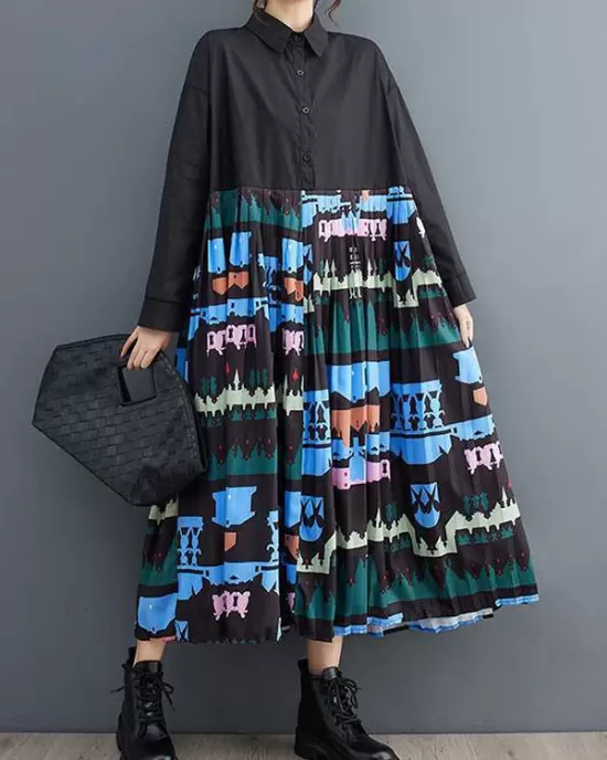 Buttoned Pleated Printed Split-Joint A-Line Long Sleeves Lapel Midi Dresses