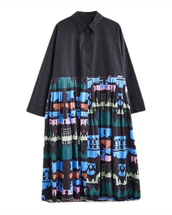 Buttoned Pleated Printed Split-Joint A-Line Long Sleeves Lapel Midi Dresses