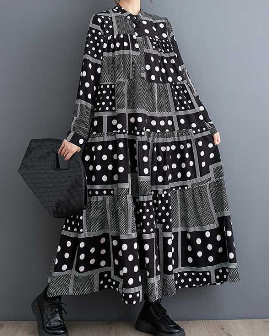 Buttoned Polka-Dot Printed Split-Joint Long Sleeves Loose Midi Dresses