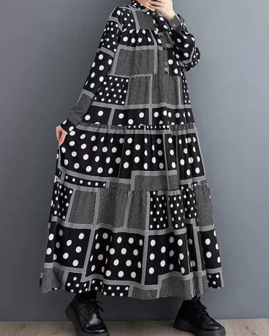 Buttoned Polka-Dot Printed Split-Joint Long Sleeves Loose Midi Dresses