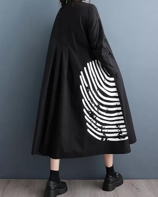 Asymmetric Buttoned Striped A-Line Long Sleeves Lapel Midi Dresses