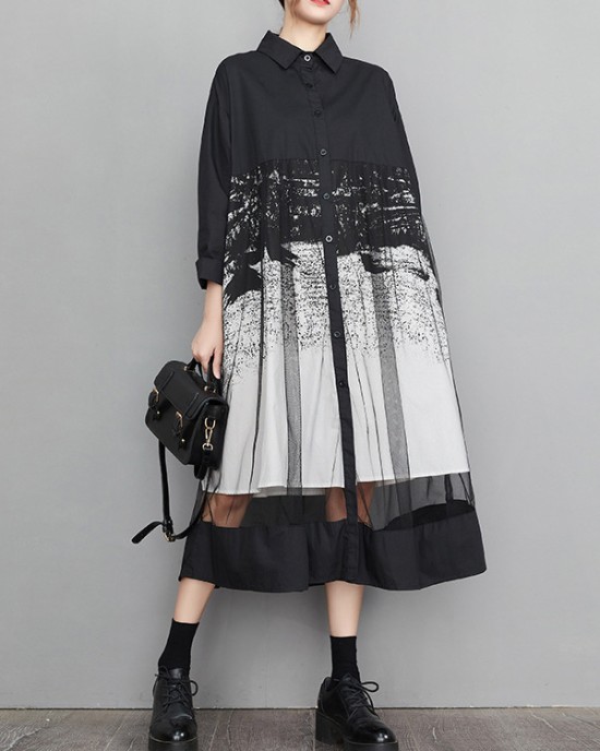 Buttoned Gauze Printed Split-Joint A-Line Long Sleeves Lapel Midi Dresses