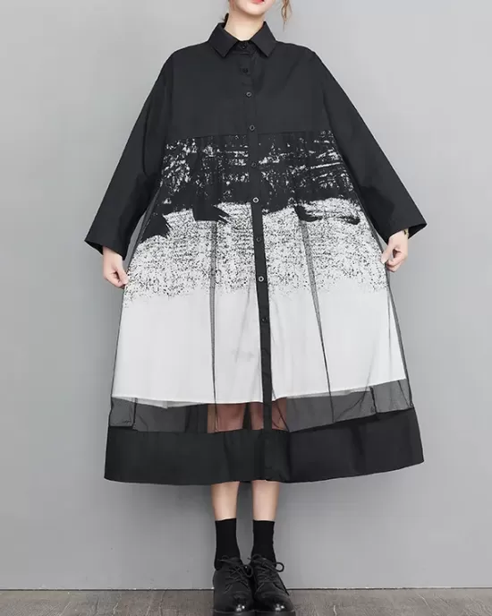 Buttoned Gauze Printed Split-Joint A-Line Long Sleeves Lapel Midi Dresses