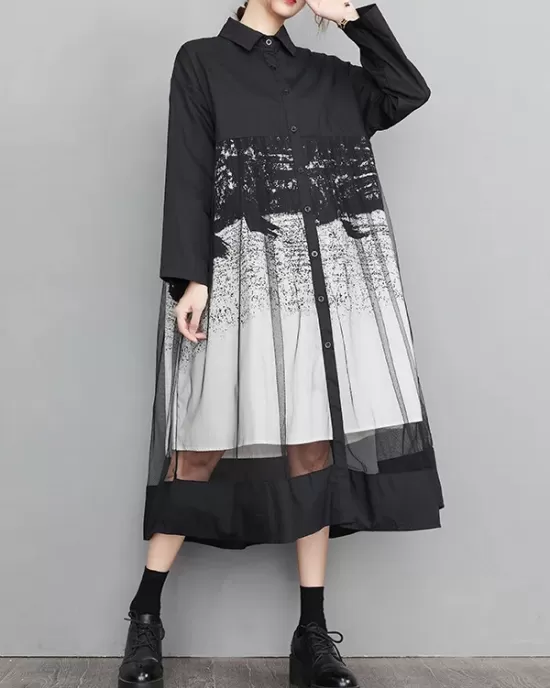 Buttoned Gauze Printed Split-Joint A-Line Long Sleeves Lapel Midi Dresses