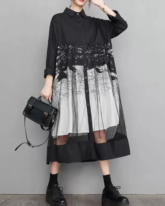 Buttoned Gauze Printed Split-Joint A-Line Long Sleeves Lapel Midi Dresses