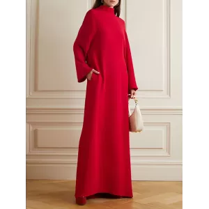 Long Sleeves Hollow Pockets Solid Color High-Neck Evening Dresses