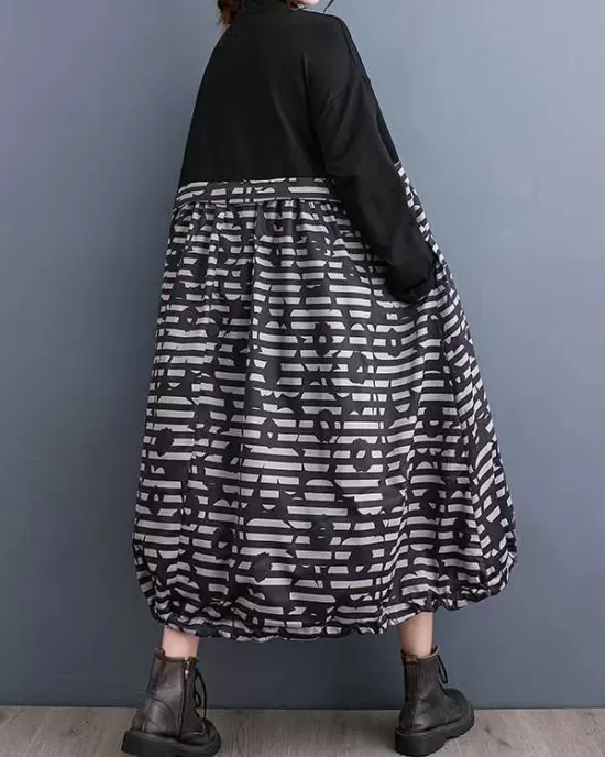 Drawstring Printed Split-Joint Zipper Long Sleeves Loose Midi Dresses