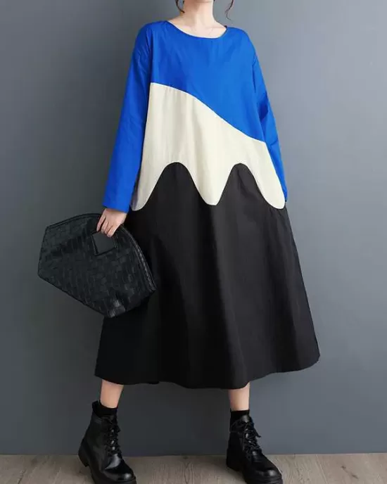 Contrast Color A-Line Long Sleeves Round-Neck Midi Dresses