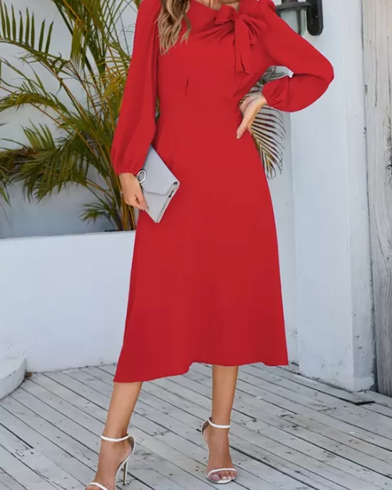 Asymmetric Bowknot Elasticity Solid Color A-Line Long Sleeves Round-Neck Midi Dresses