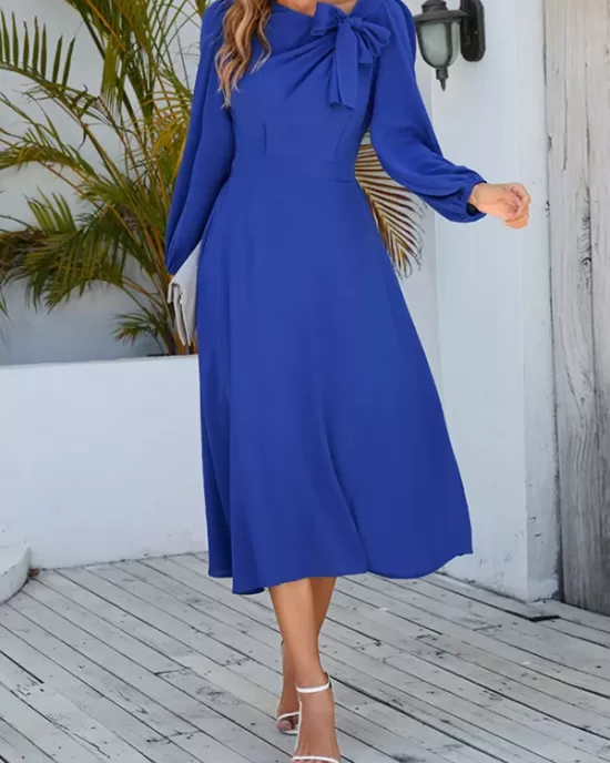 Asymmetric Bowknot Elasticity Solid Color A-Line Long Sleeves Round-Neck Midi Dresses