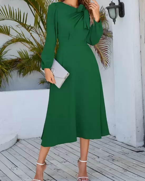 Asymmetric Bowknot Elasticity Solid Color A-Line Long Sleeves Round-Neck Midi Dresses