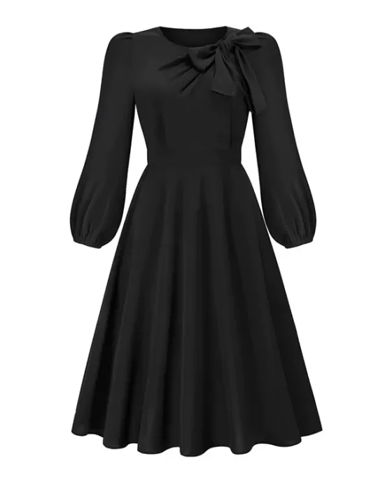 Asymmetric Bowknot Elasticity Solid Color A-Line Long Sleeves Round-Neck Midi Dresses