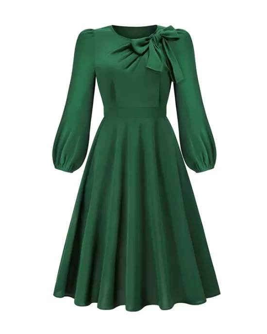 Asymmetric Bowknot Elasticity Solid Color A-Line Long Sleeves Round-Neck Midi Dresses