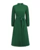 Hollow Pleated Solid Color Tied Waist Bishop Sleeve High Waisted Mock Neck Midi Dresses