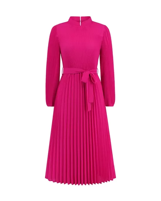 Hollow Pleated Solid Color Tied Waist Bishop Sleeve High Waisted Mock Neck Midi Dresses