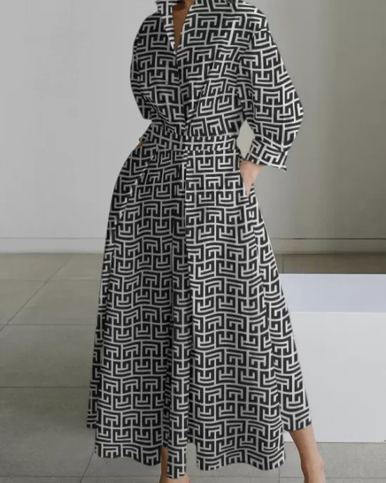 Pleated Printed Tied Waist Long Sleeves Loose Lapel Shirt Dress