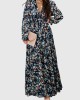 Flower Print Pleated Ruffled High Waisted Long Sleeves V-Neck Maxi Dresses