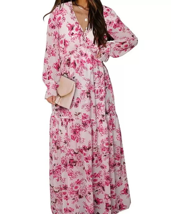 Flower Print Pleated Ruffled High Waisted Long Sleeves V-Neck Maxi Dresses