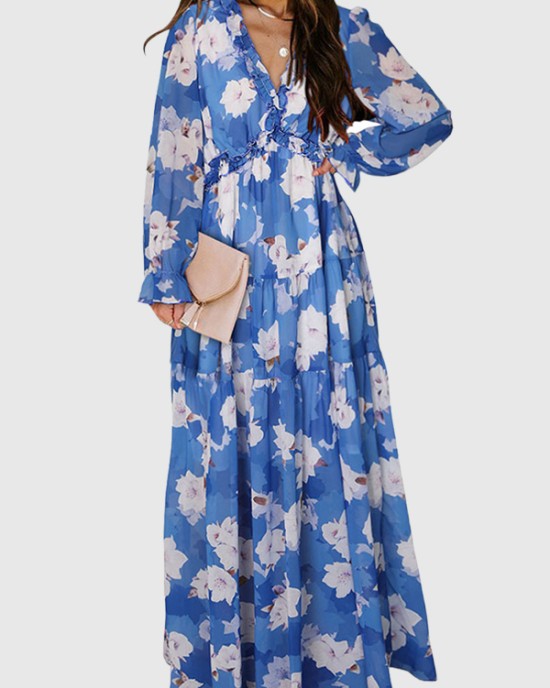 Flower Print Pleated Ruffled High Waisted Long Sleeves V-neck Maxi Dresses