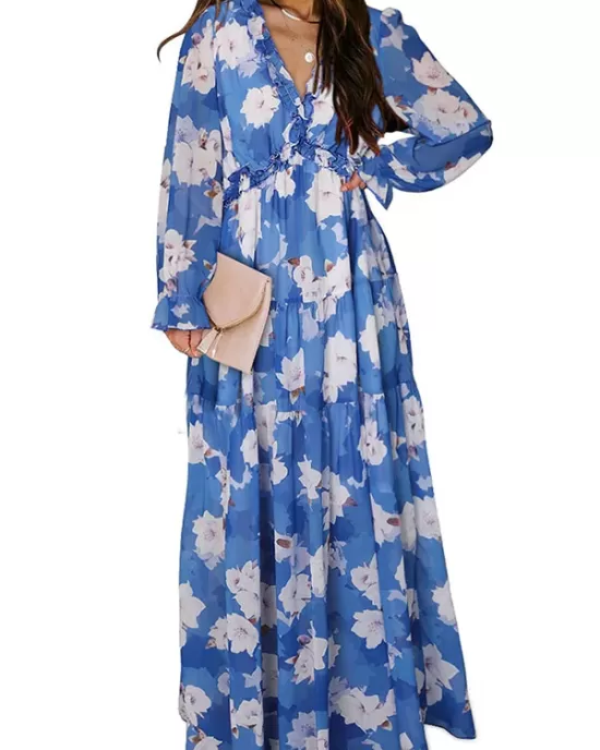 Flower Print Pleated Ruffled High Waisted Long Sleeves V-neck Maxi Dresses