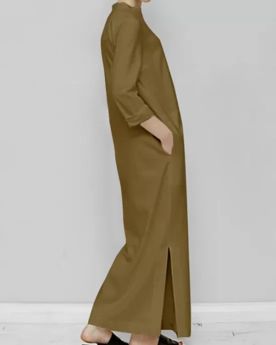 Solid Color Split-Joint Long Sleeves Loose V-Neck Maxi Dresses