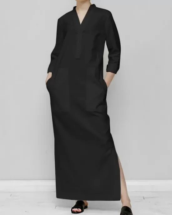 Solid Color Split-Joint Long Sleeves Loose V-Neck Maxi Dresses