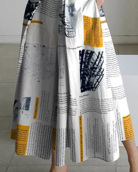 Long Sleeves Loose Newspaper Print Pleated Tied Waist Lapel Midi Dresses Shirt Dress