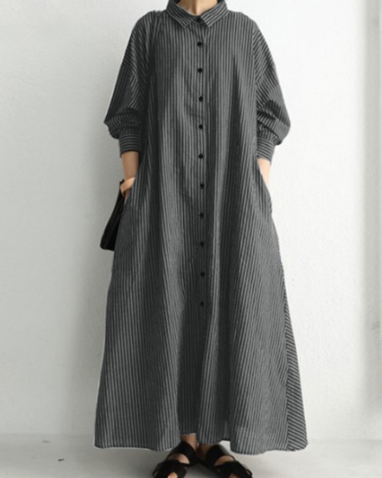 Buttoned Striped A-Line Long Sleeves Lapel Shirt Dress Maxi Dresses