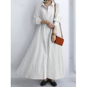 Buttoned Striped A-Line Long Sleeves Lapel Shirt Dress Maxi Dresses