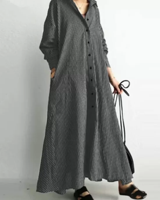 Buttoned Striped A-Line Long Sleeves Lapel Shirt Dress Maxi Dresses