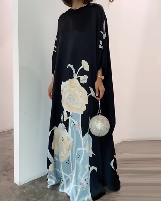 Cap Sleeve Loose Printed Round-Neck Maxi Dresses