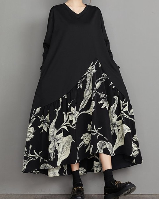 Asymmetric Flower Print Split-Joint A-Line High-Low V-Neck Midi Dresses