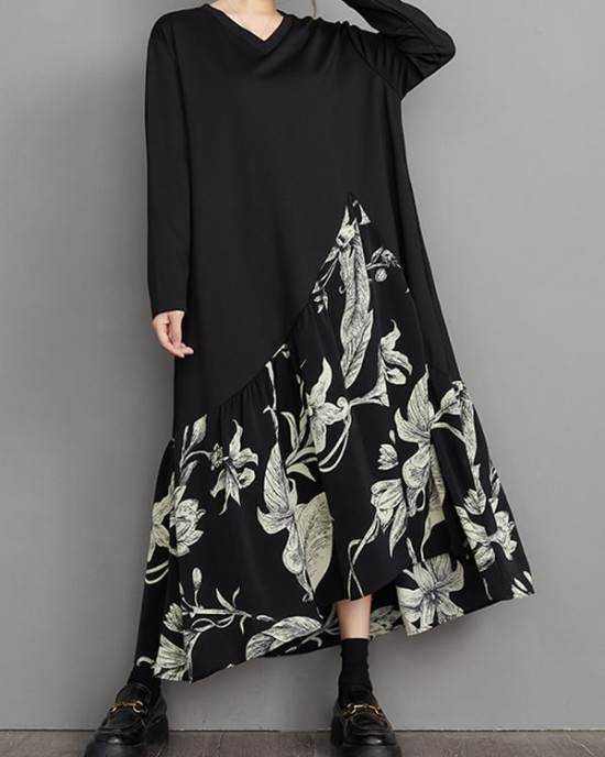 Asymmetric Flower Print Split-Joint A-Line High-Low V-Neck Midi Dresses